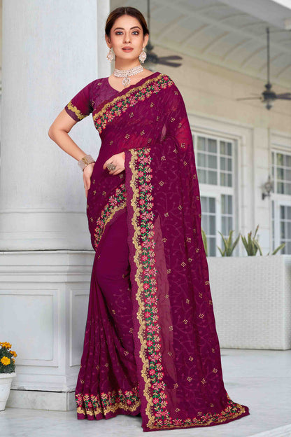 Wine Colour Georgette Designer Saree