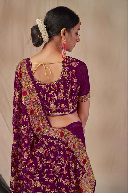 Wine Colour Georgette Embroidery Saree