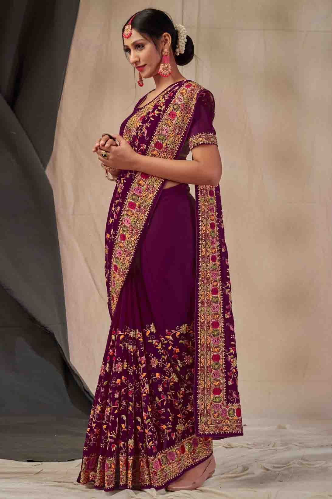 Wine Colour Georgette Embroidery Saree