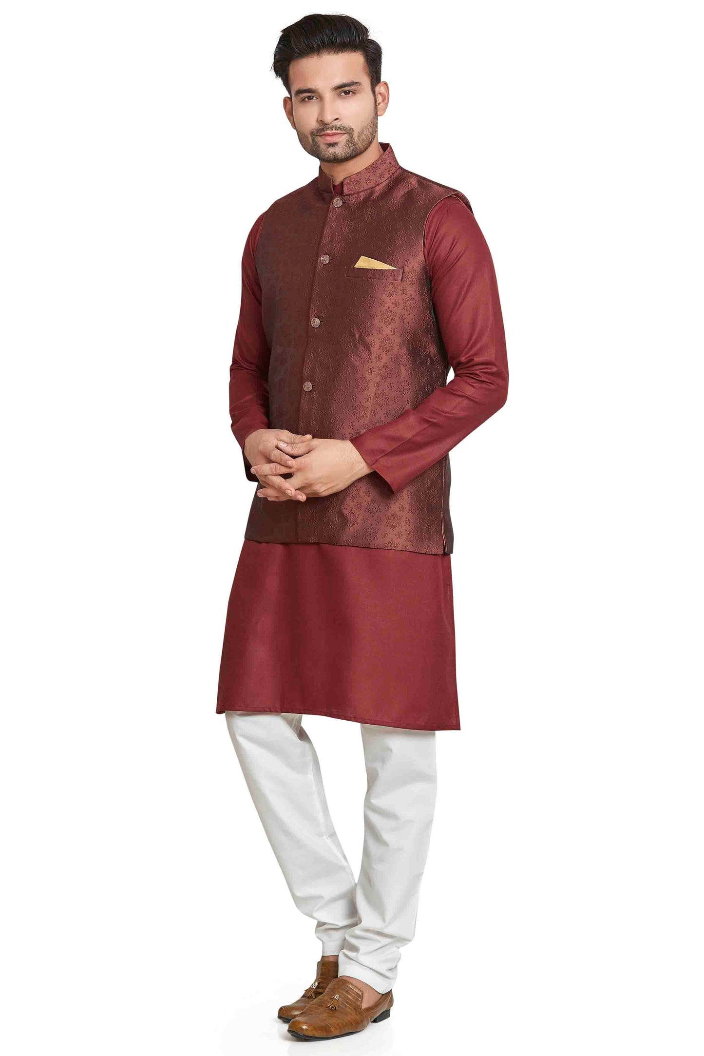 Wine Colour Kurta Pajama With Jacket In Silk