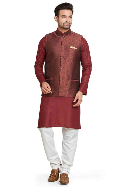 Wine Colour Kurta Pajama With Jacket In Silk