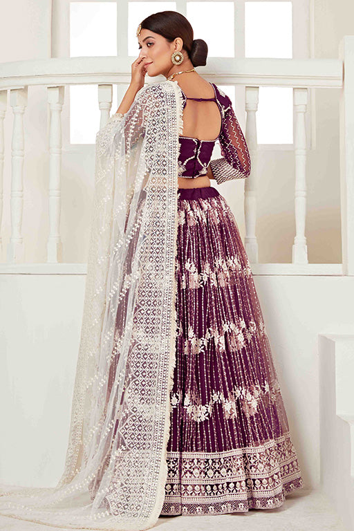 Wine Colour Net Designer Lehenga Choli