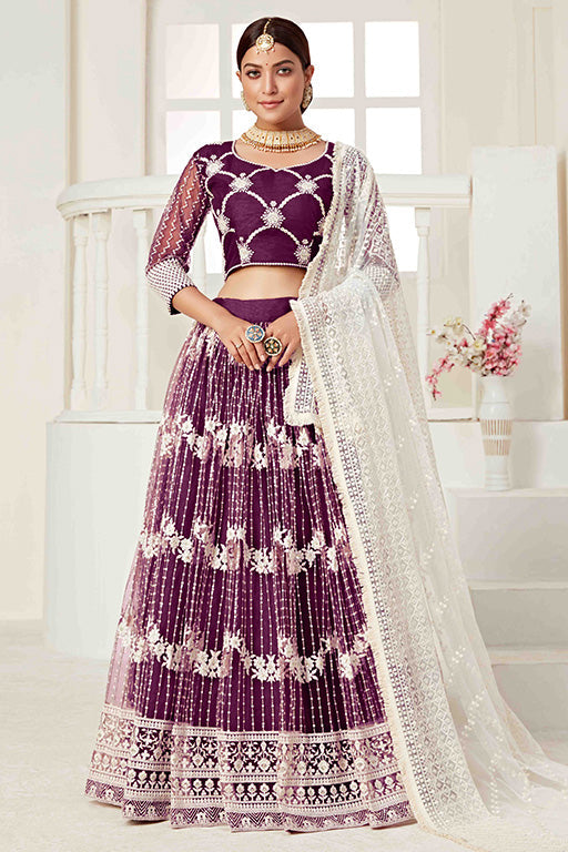 Wine Colour Net Designer Lehenga Choli