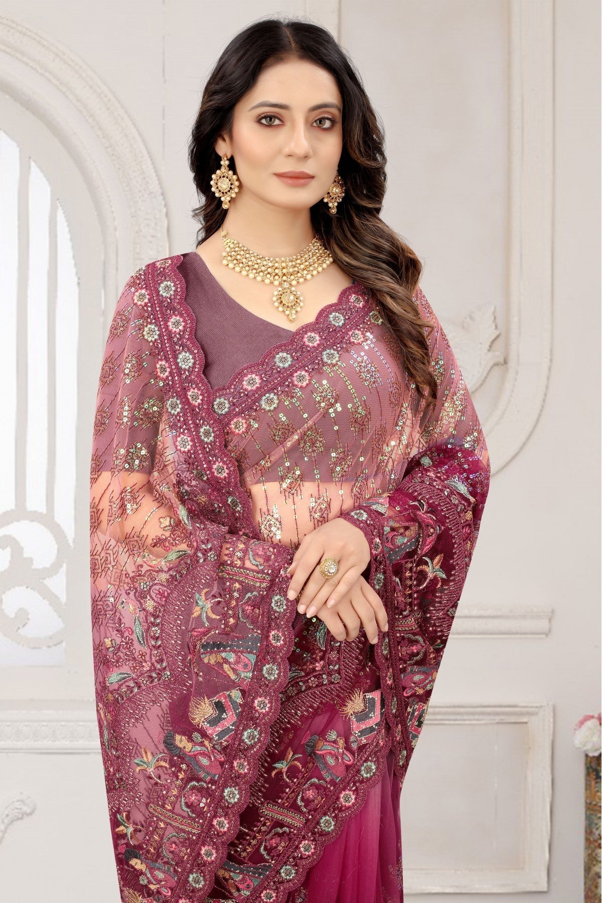 Wine Colour Net Embroidery Saree