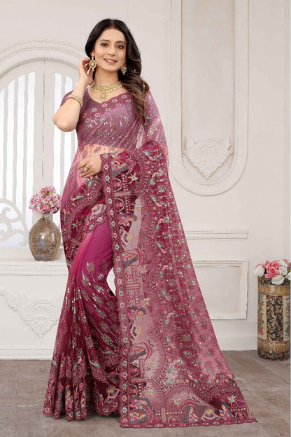 Wine Colour Net Embroidery Saree