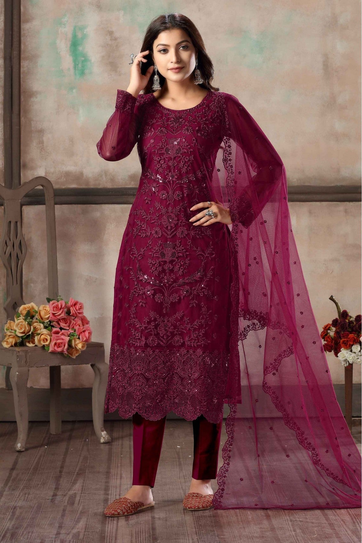 Wine Colour Net Pant Style Suit