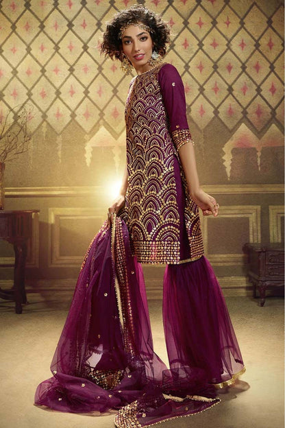 Wine Colour Net Sequins Work Sharara Suit