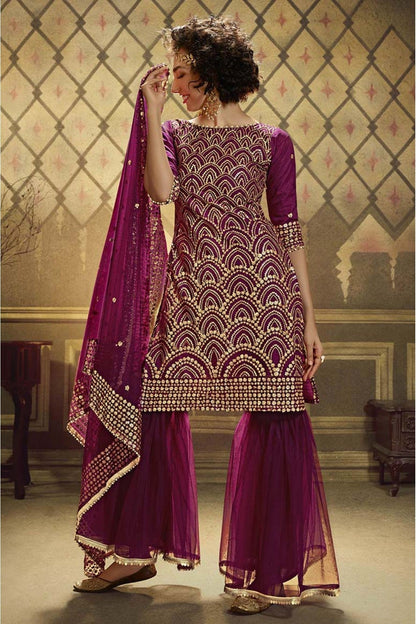 Wine Colour Net Sequins Work Sharara Suit