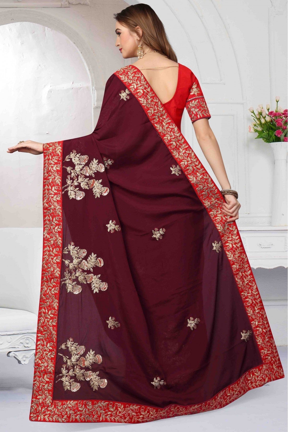 Wine Colour Pure Satin Designer Saree