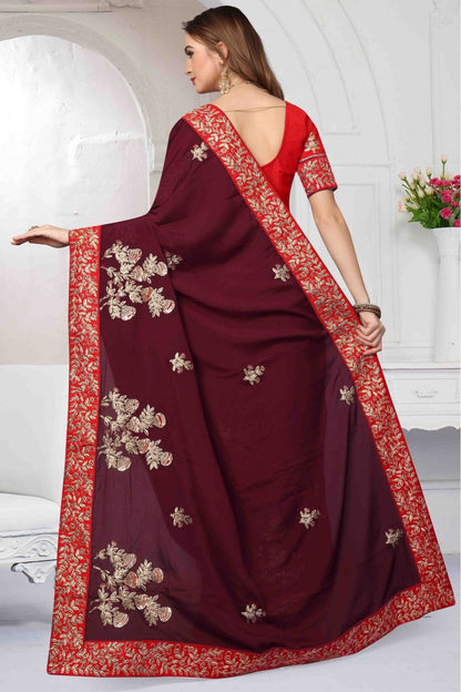 Wine Colour Pure Satin Designer Saree