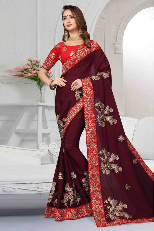 Wine Colour Pure Satin Designer Saree