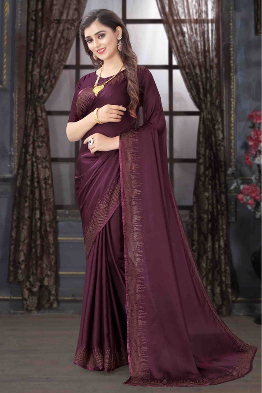 Wine Colour Pure Satin Designer Saree