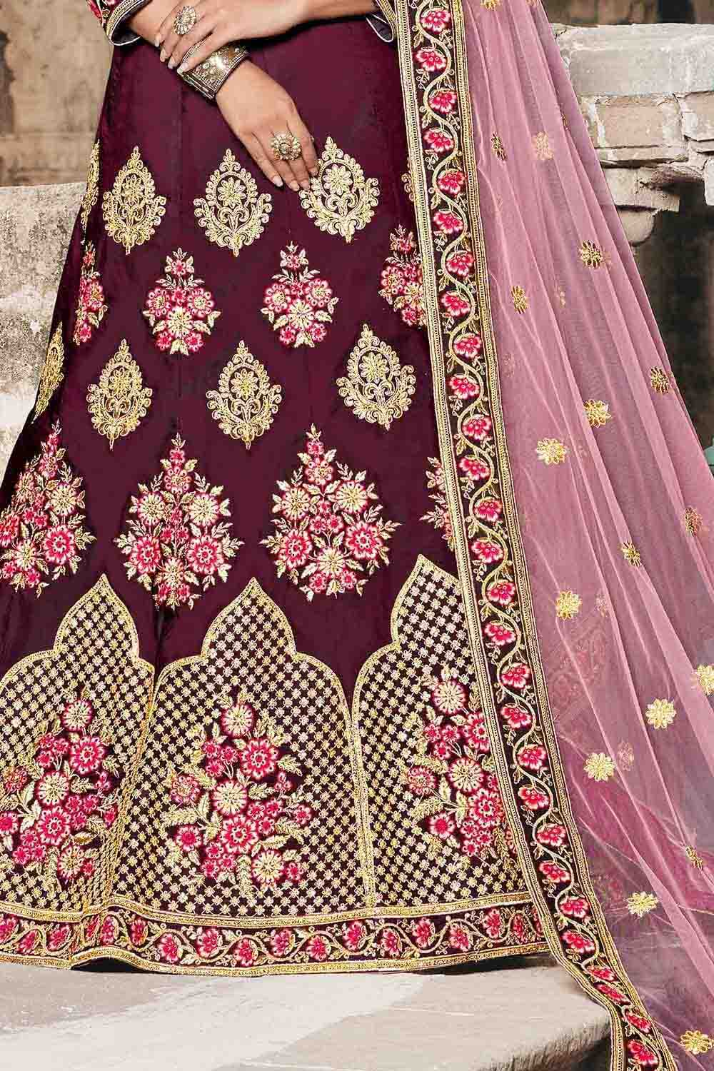 Wine Colour Pure Taffeta Sequins Work Lehenga Choli