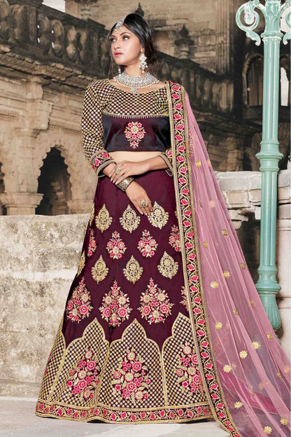 Wine Colour Pure Taffeta Sequins Work Lehenga Choli