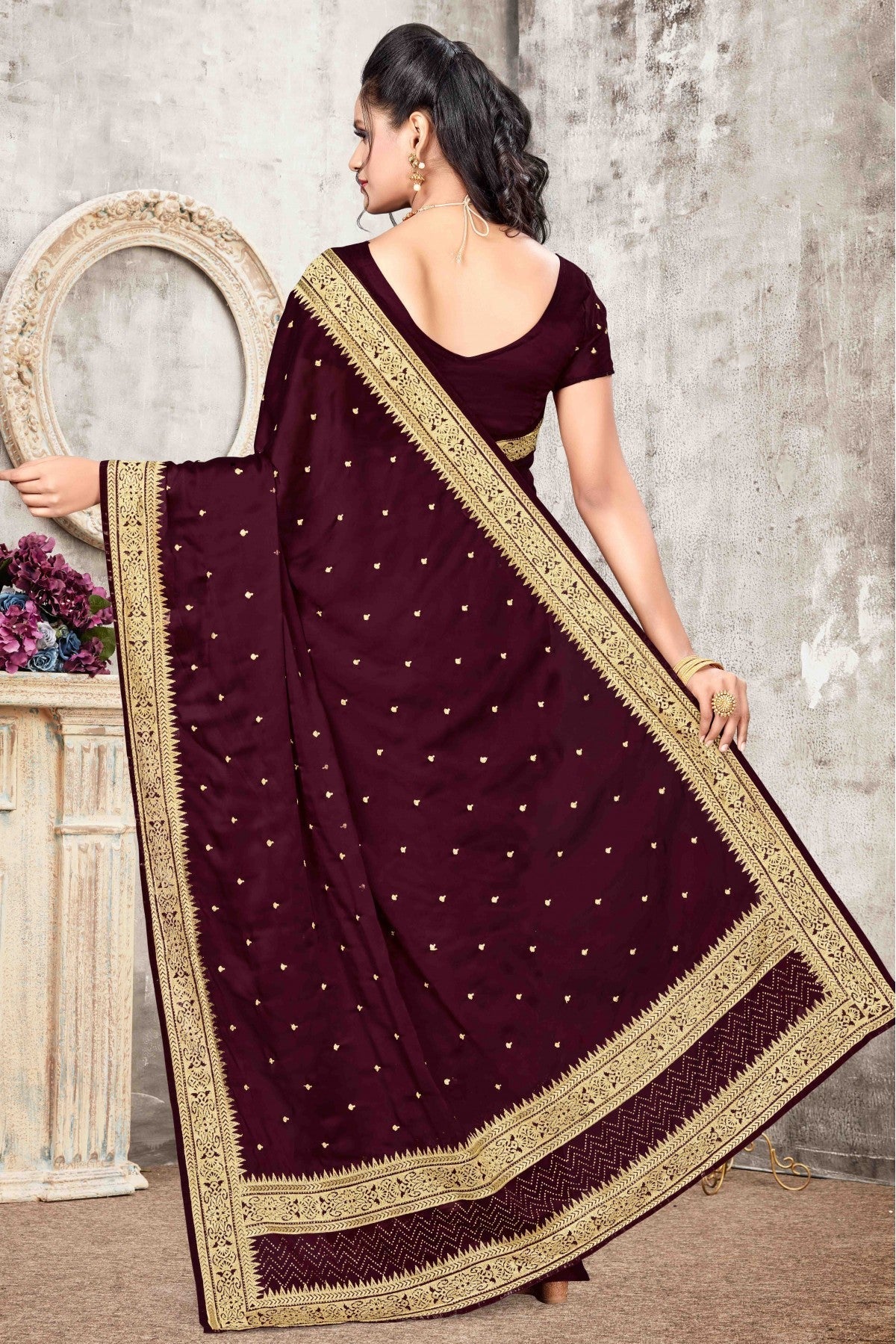 Wine Colour Rangoli Silk Designer Saree