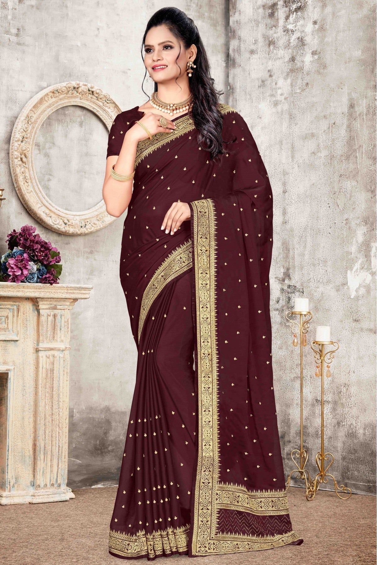 Wine Colour Rangoli Silk Designer Saree