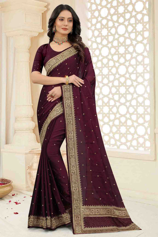 Wine Colour Rangoli Silk Embroidery Saree