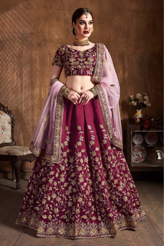 Wine Colour Raw Silk Lehenga Choli