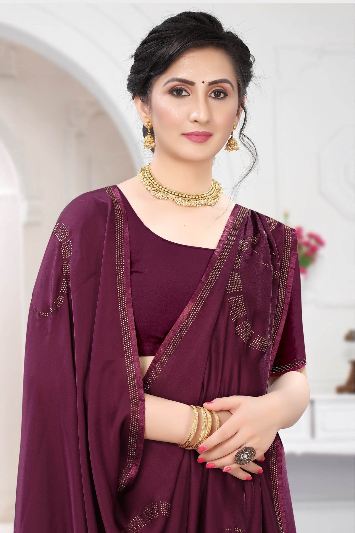 Wine Colour Satin Designer Saree