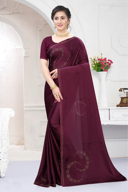 Wine Colour Satin Designer Saree