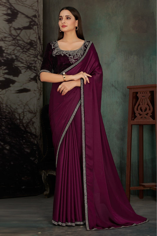 Wine Colour Satin Georgette Stone Work Saree