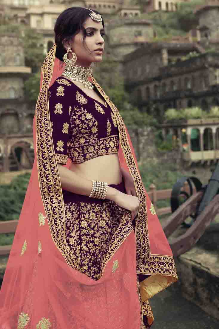 Wine Colour Satin Thread Work Lehenga Choli