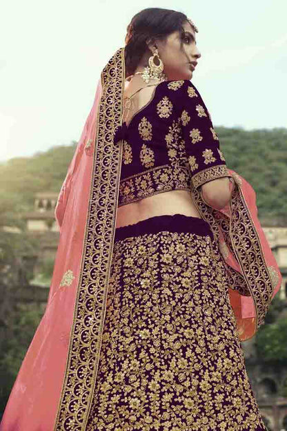 Wine Colour Satin Thread Work Lehenga Choli