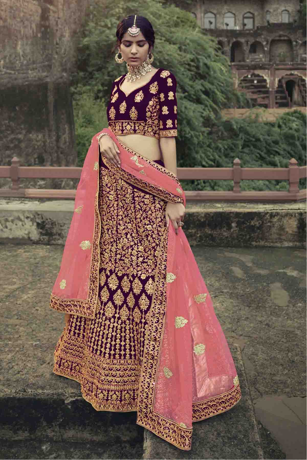 Wine Colour Satin Thread Work Lehenga Choli