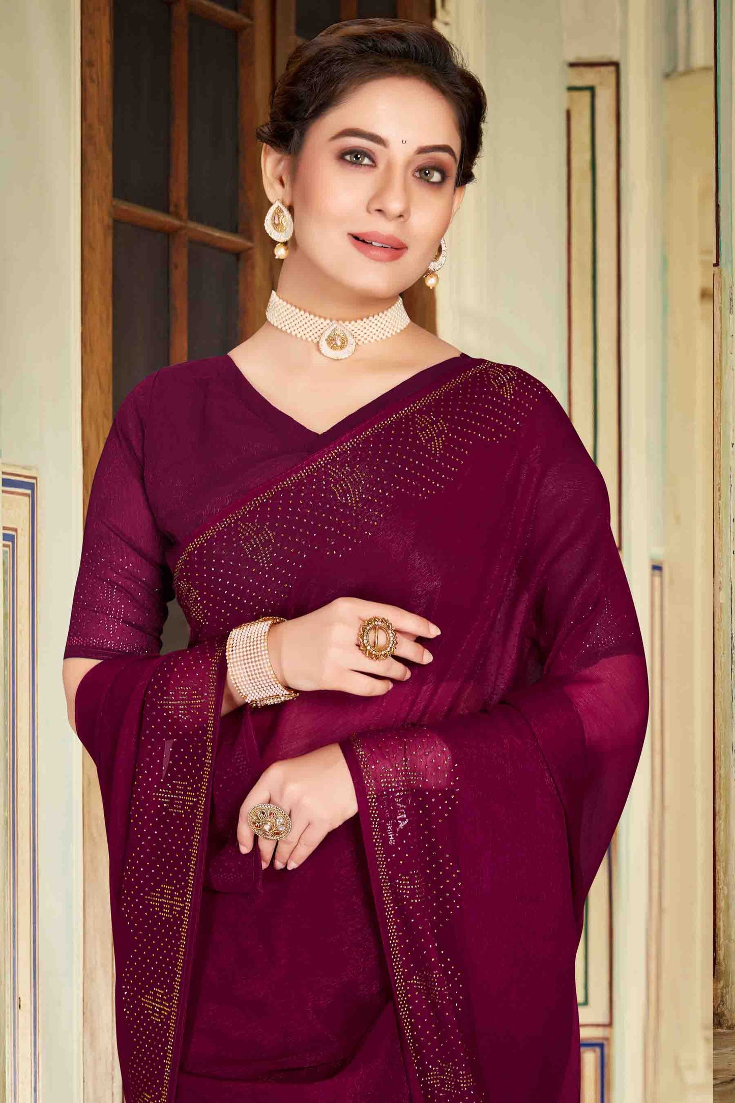 Wine Colour Simmer Chiffon Designer Saree