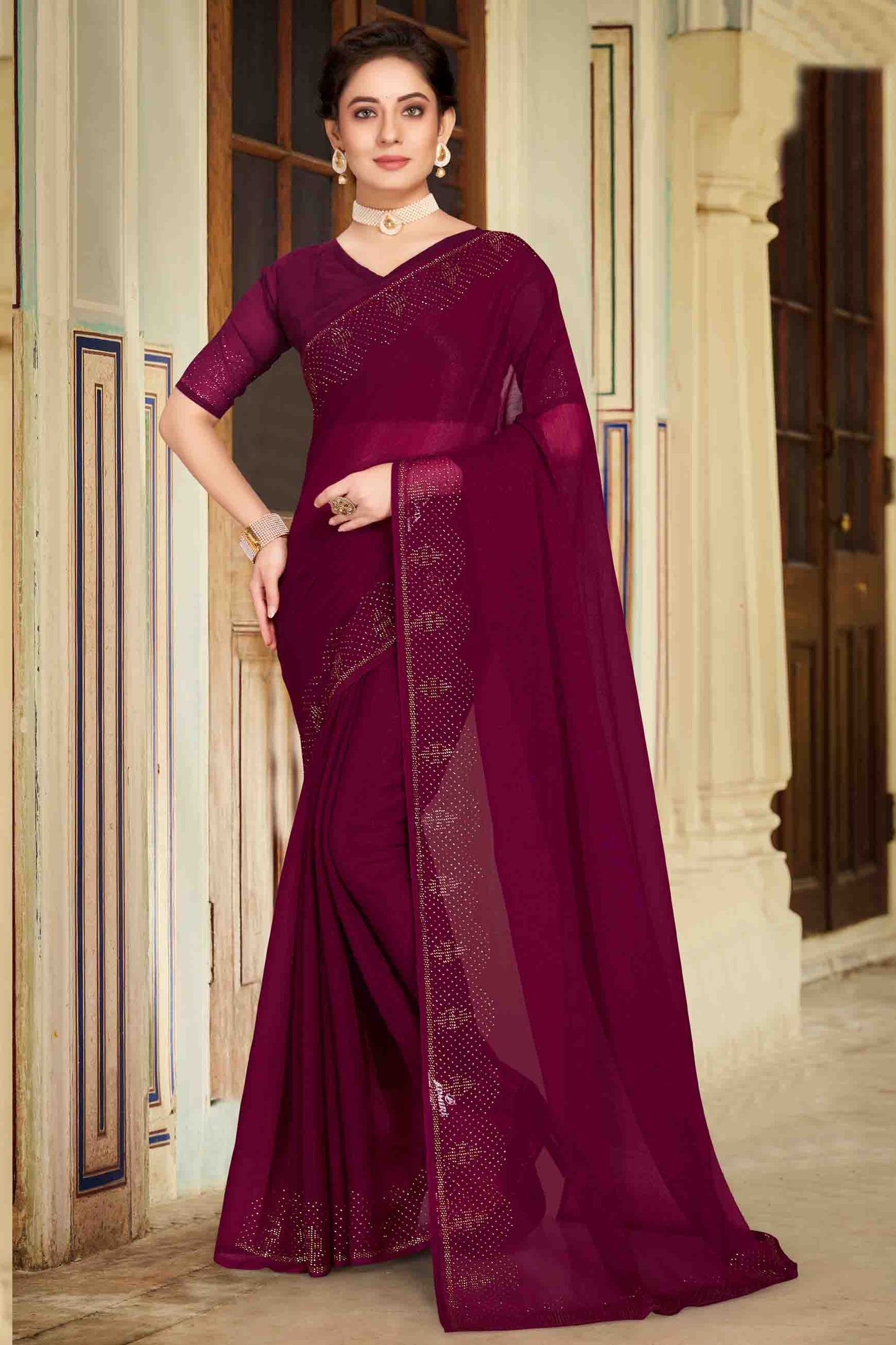 Wine Colour Simmer Chiffon Designer Saree