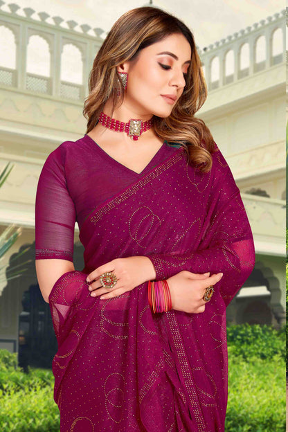 Wine Colour Simmer Chiffon Designer Saree