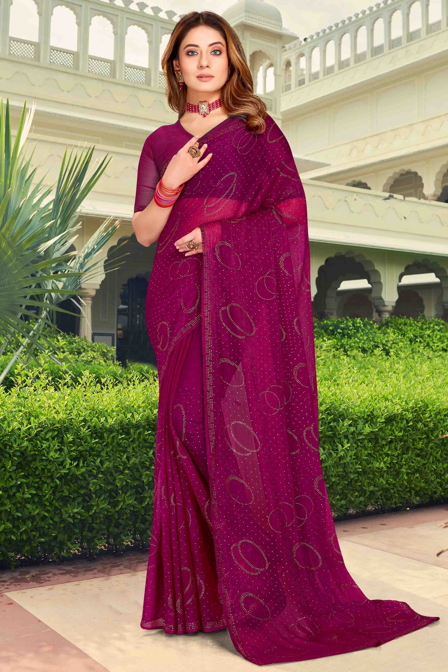 Wine Colour Simmer Chiffon Designer Saree