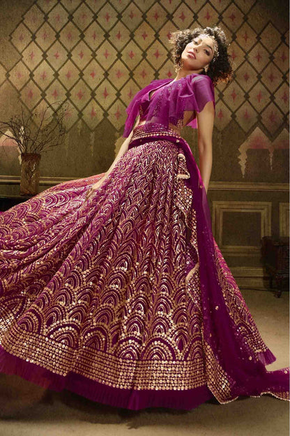 Wine Colour Soft Net Embroidery Lehenga Choli