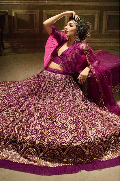 Wine Colour Soft Net Embroidery Lehenga Choli