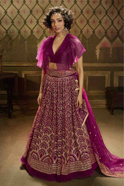 Wine Colour Soft Net Embroidery Lehenga Choli