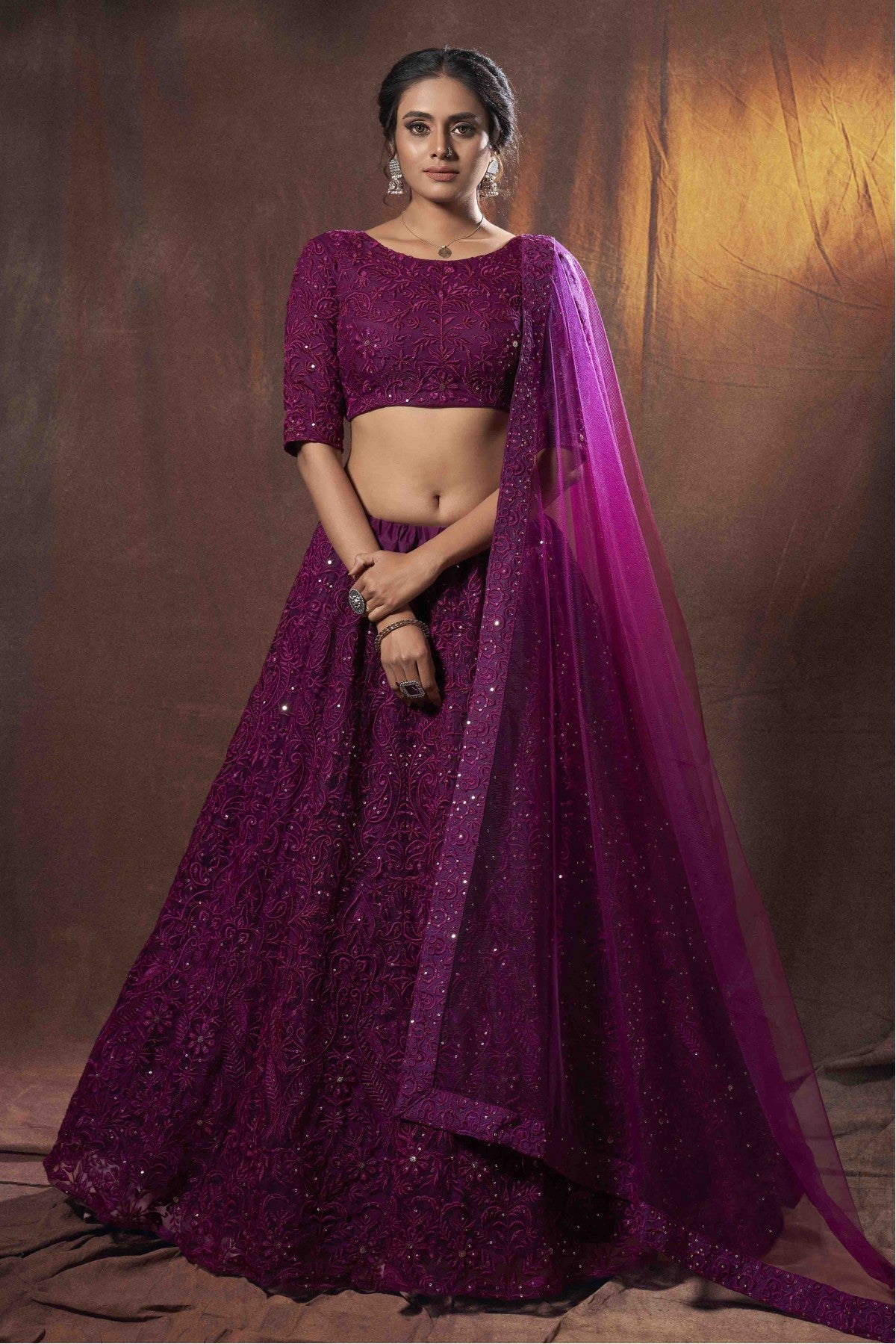 Wine Colour Soft Net Sequins Work Lehenga Choli