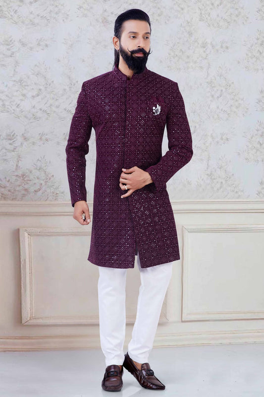 Wine Colour Velvet Indo Western Sherwani VSSH1130038