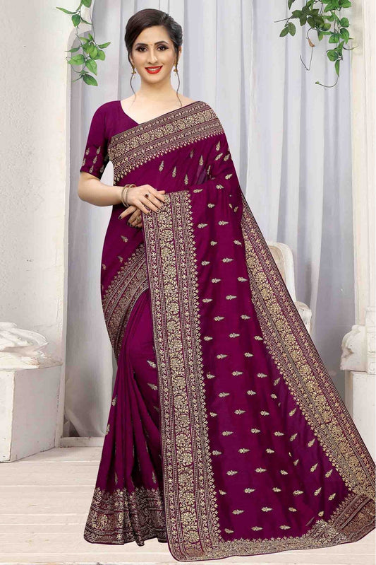 Wine Colour Vichitra Silk Designer Saree