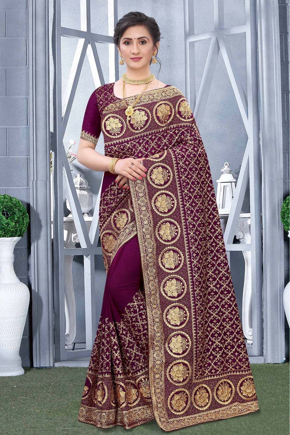 Wine Colour Vichitra Silk Designer Saree