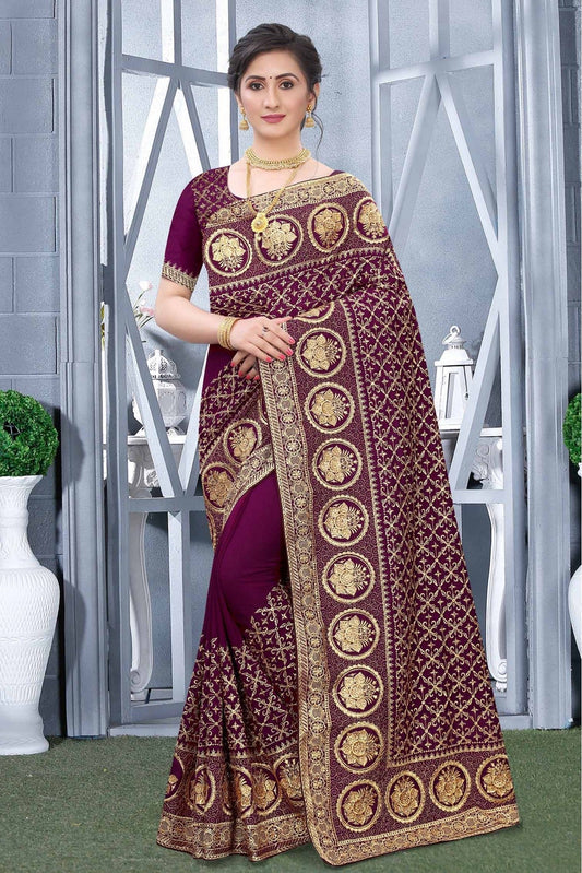 Wine Colour Vichitra Silk Designer Saree