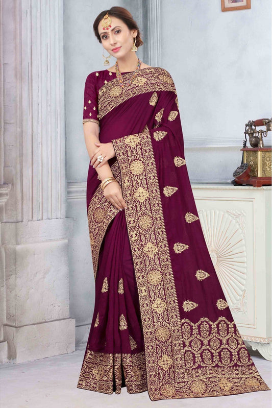 Wine Colour Vichitra Silk Designer Saree