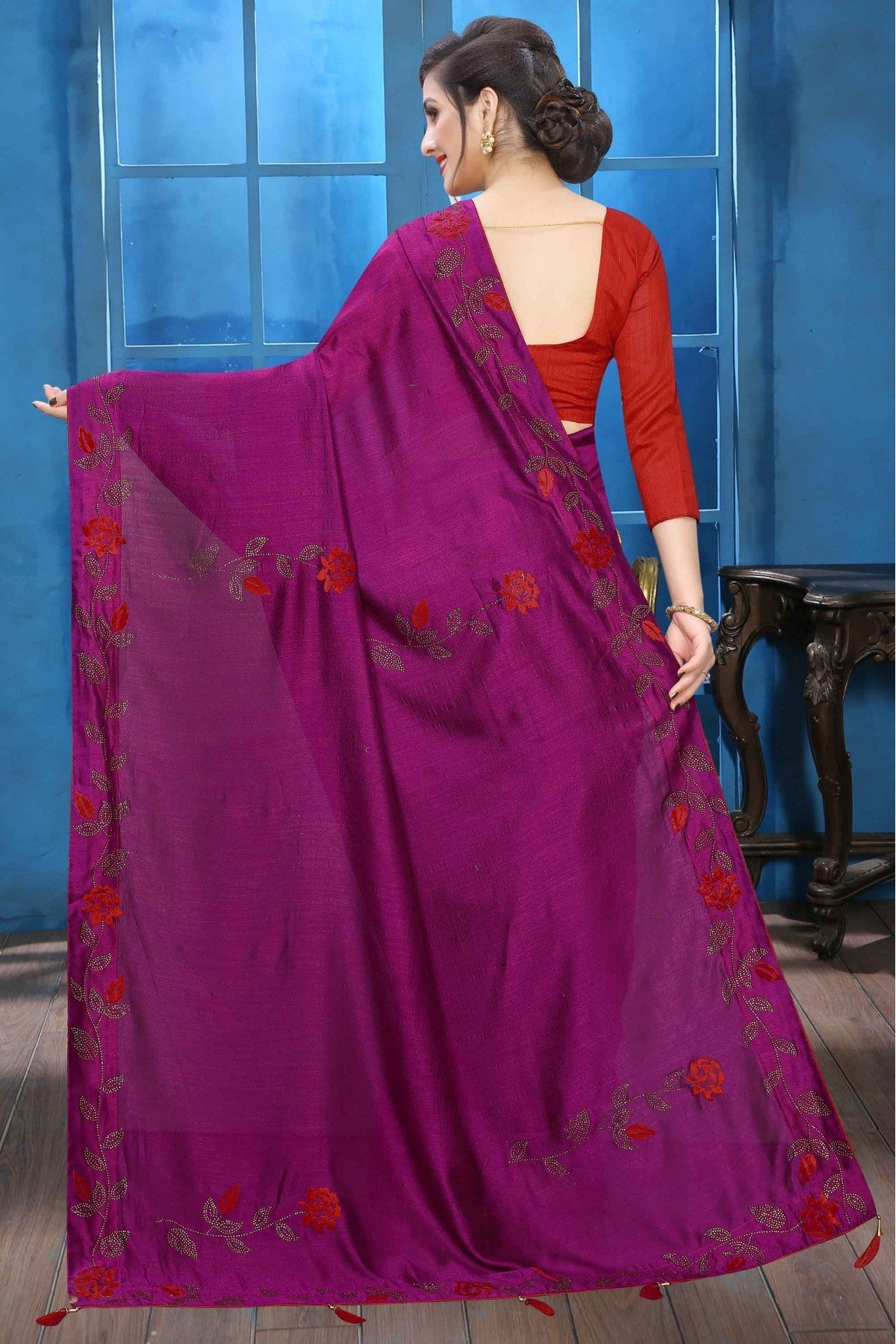 Wine Colour Vichitra Silk Designer Saree