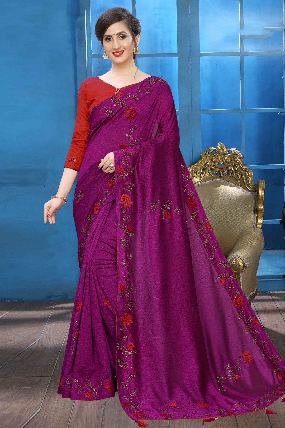 Wine Colour Vichitra Silk Designer Saree