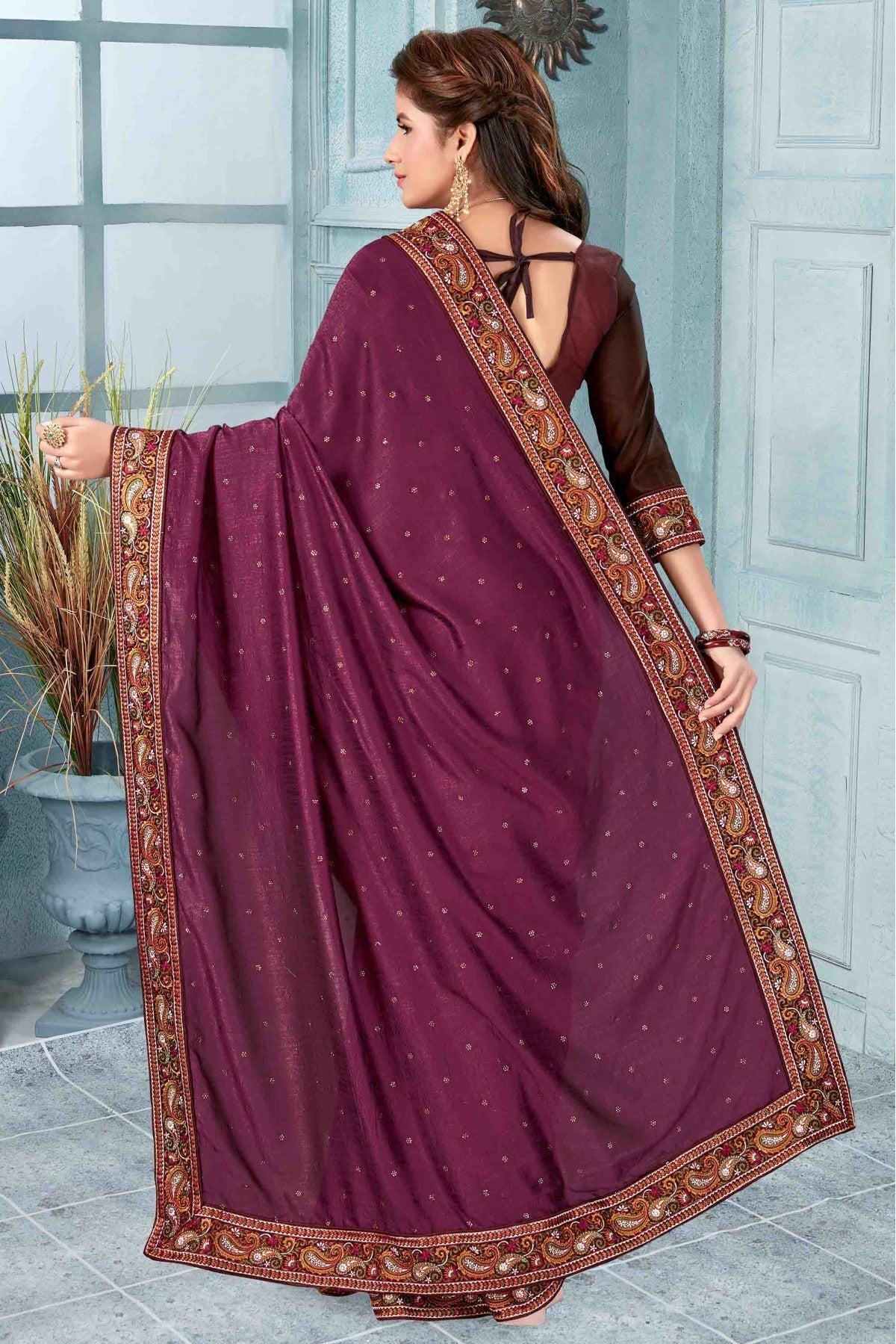 Wine Colour Vichitra Silk Designer Saree