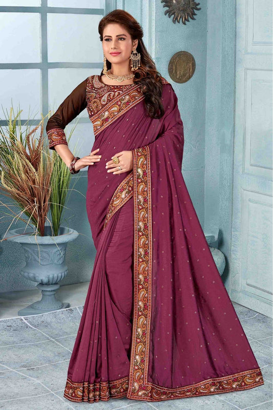 Wine Colour Vichitra Silk Designer Saree