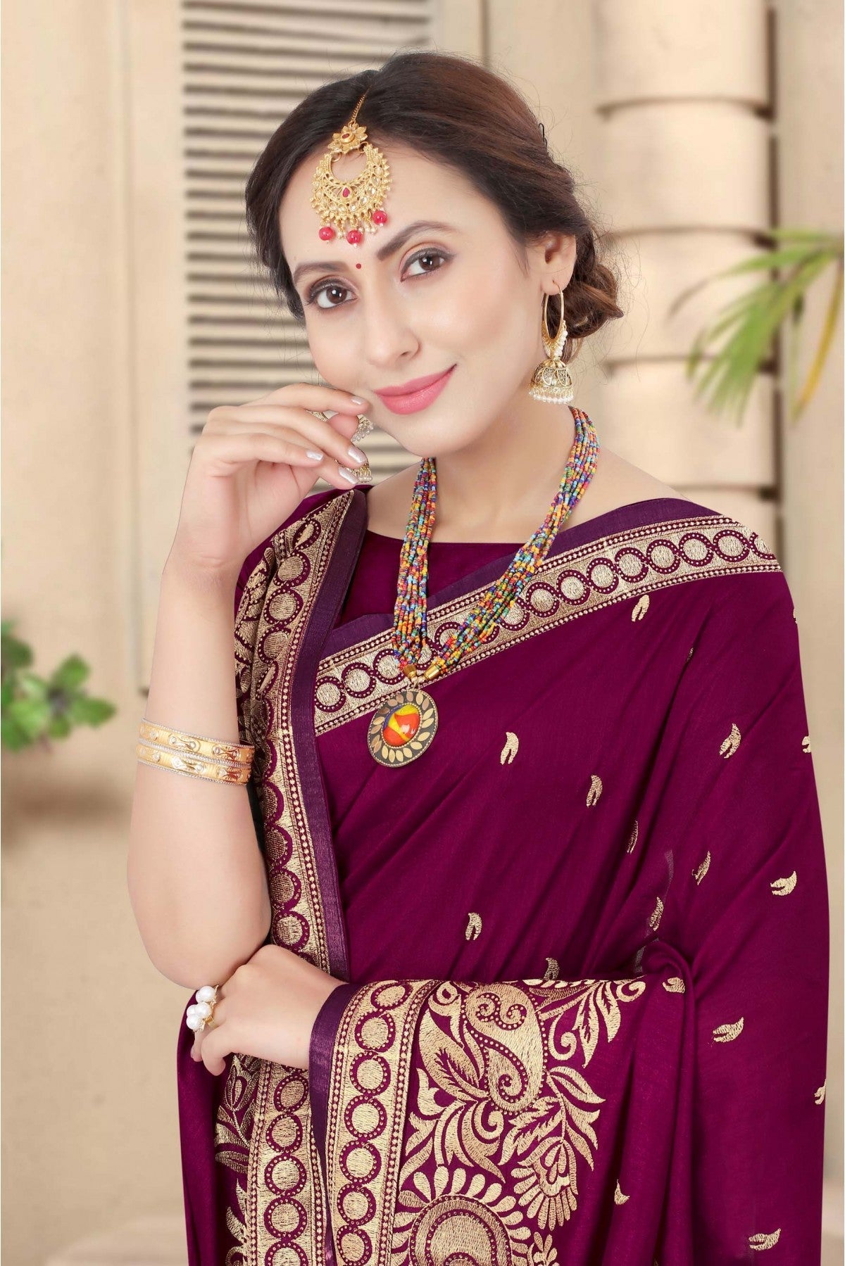 Wine Colour Vichitra Silk Designer Saree