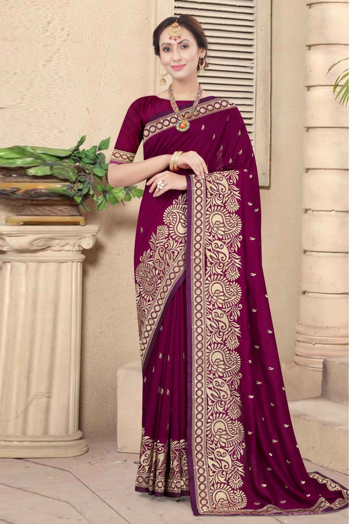 Wine Colour Vichitra Silk Designer Saree