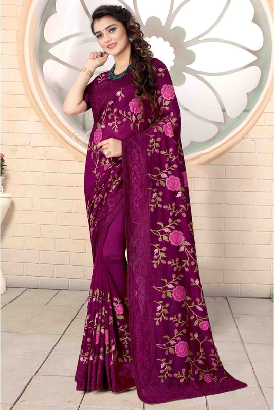 Wine Colour Vichitra Silk Designer Saree