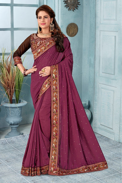 Wine Colour Vichitra Silk Embroidery Saree