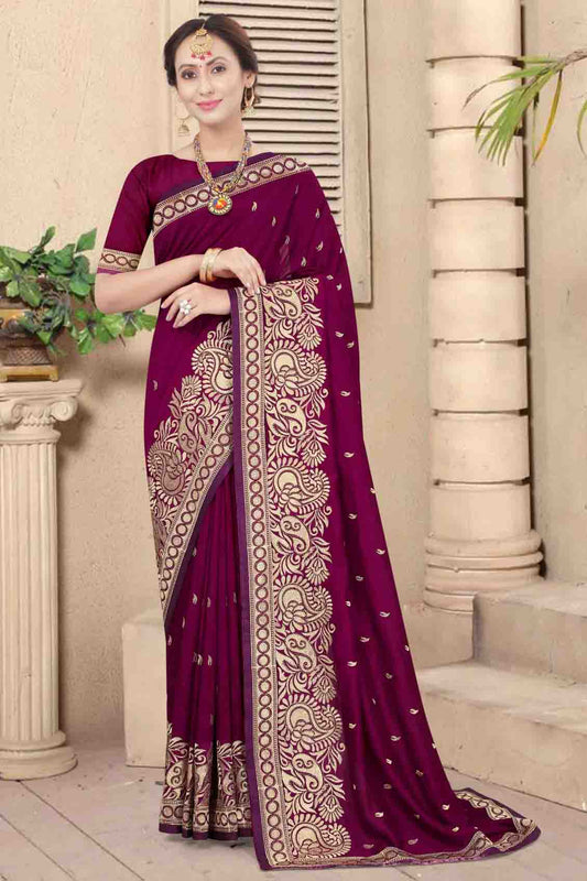 Wine Colour Vichitra Silk Embroidery Saree